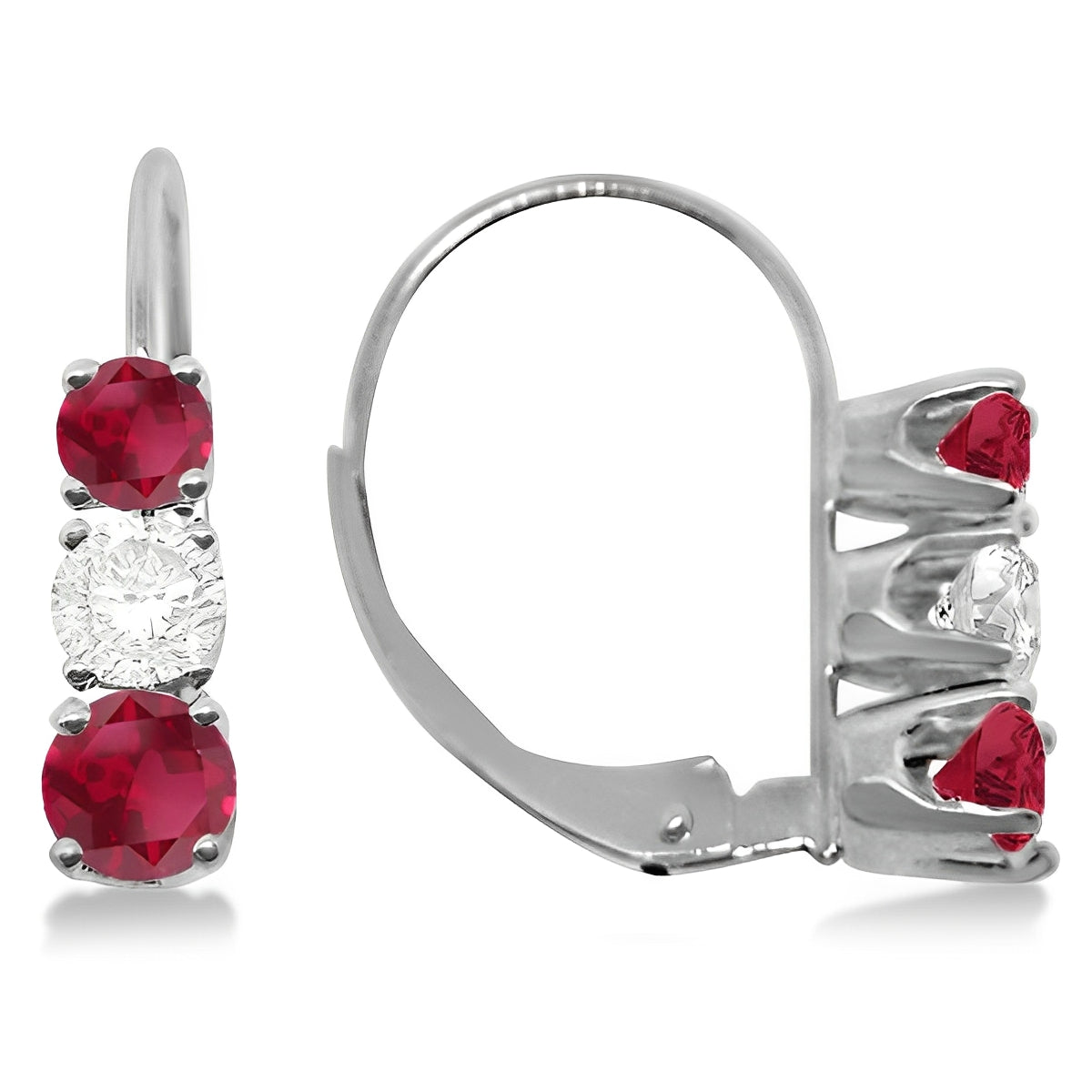 Three Stone Leverback Diamond & Ruby Earrings (1.00ct) Front View