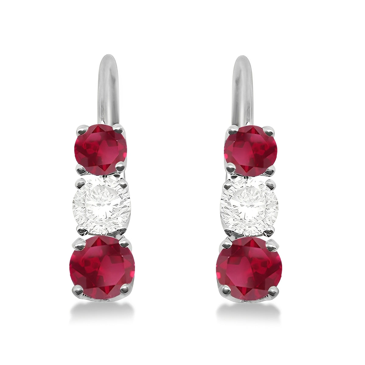 Three Stone Leverback Diamond & Ruby Earrings (1.00ct) Front View 2 