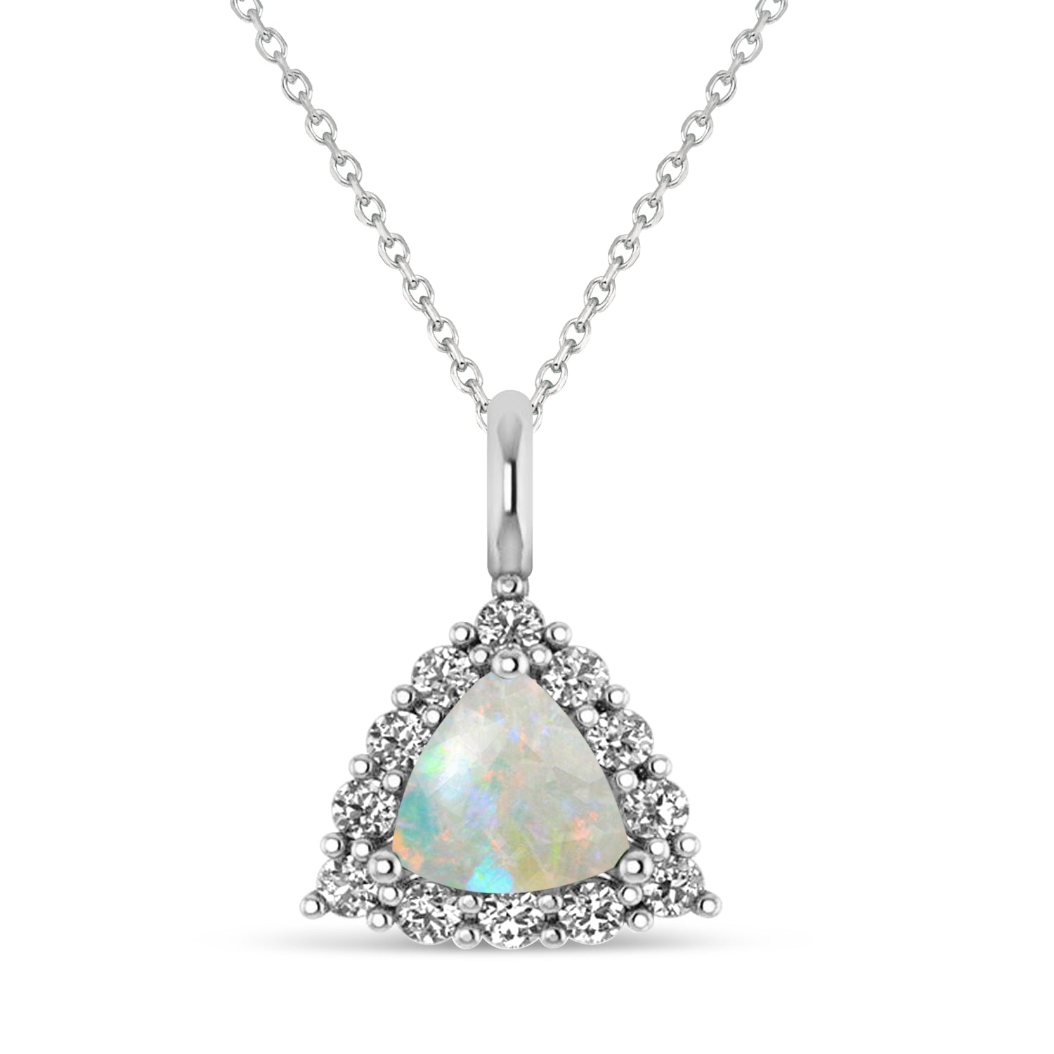 Trillion Cut Opal & Diamond Halo Pendant Necklace in 14K White Gold (1.24ct) – October Birthstone Fine Jewelry for Women Front View