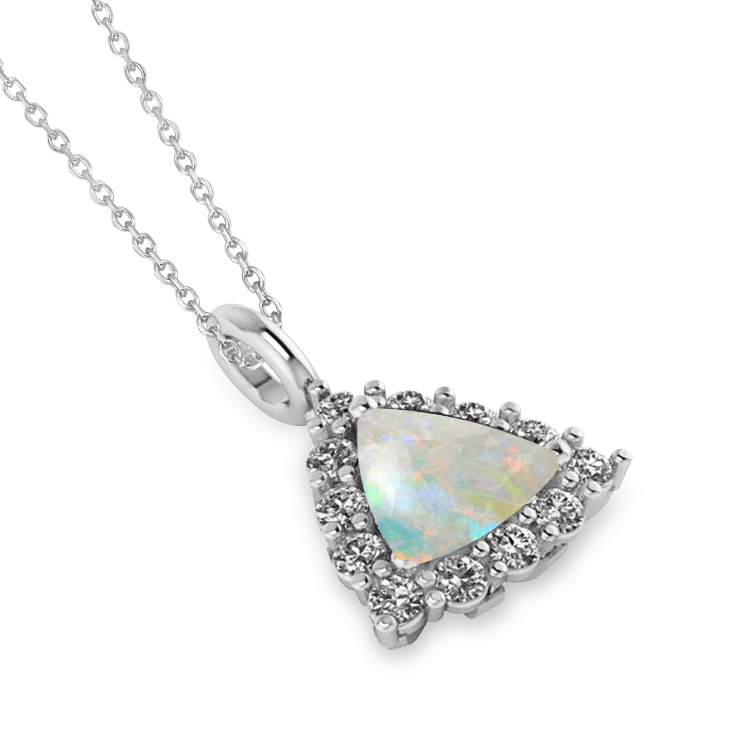 Trillion Cut Opal & Diamond Halo Pendant Necklace in 14K White Gold (1.24ct) – October Birthstone Fine Jewelry for Women Top View
