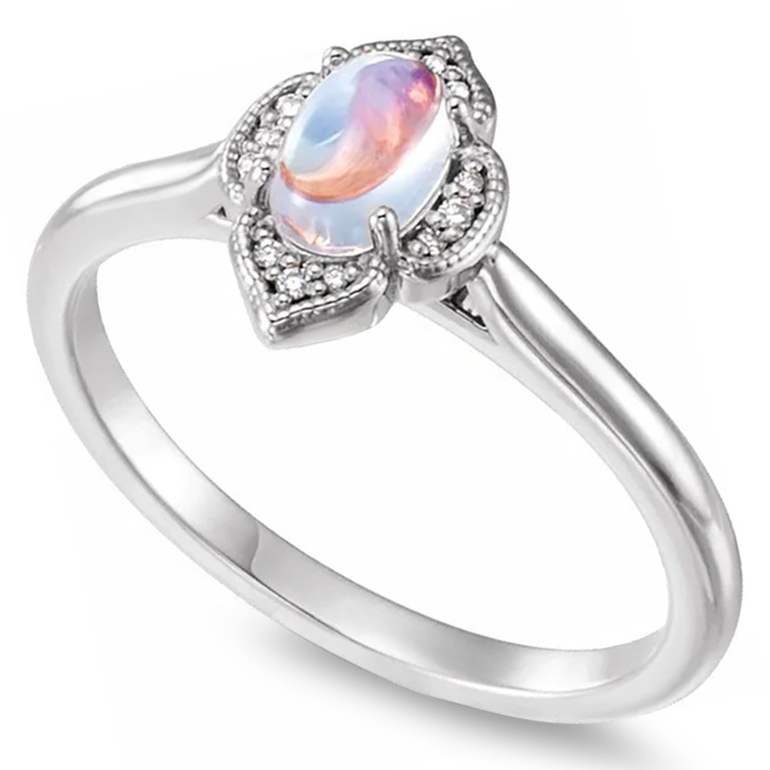 Diamond Clover & Natural Rainbow Moonstone Ring in 14K White Gold (0.49ct) Top View