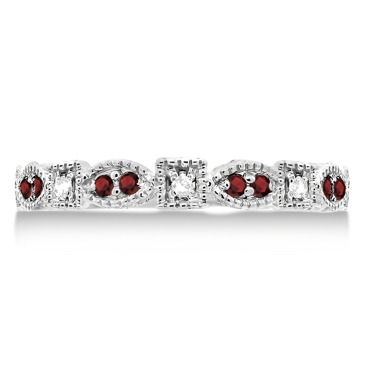 Vintage Garnet & Diamond Stackable Ring in 14K White Gold (0.15ct) – Milgrain Marquise & Square Design front view