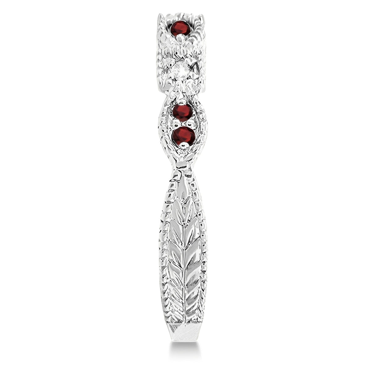 Vintage Garnet & Diamond Stackable Ring in 14K White Gold (0.15ct) – Milgrain Marquise & Square Design side view