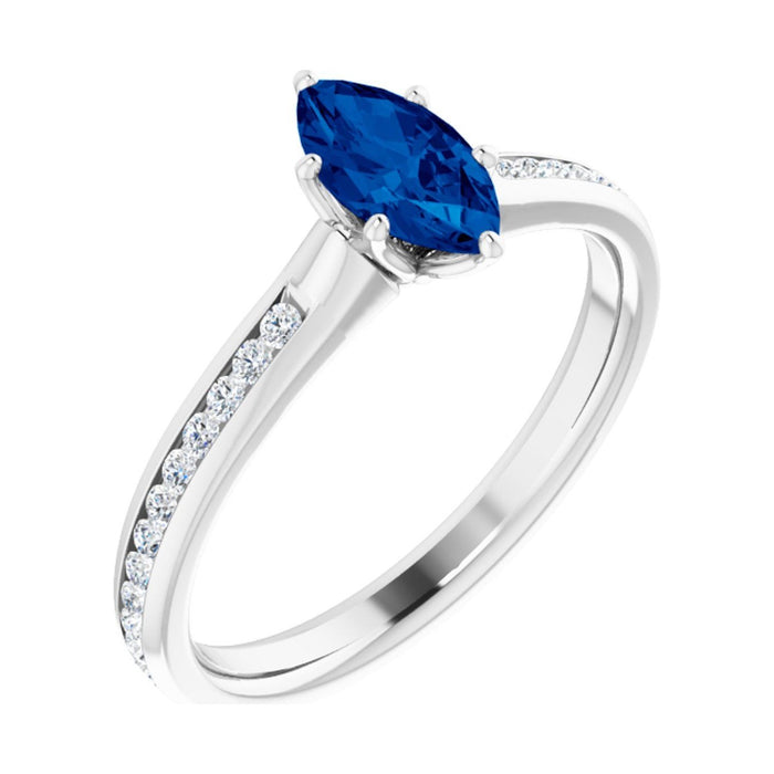 Marquise 1 ct Accented Shoulder Natural Blue Sapphire Engagement Ring in 14K White Gold