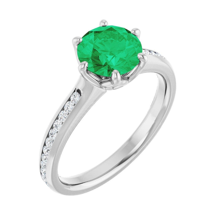 Round 1 ct Accented Shoulder Natural Emerald Engagement Ring in 14K White Gold