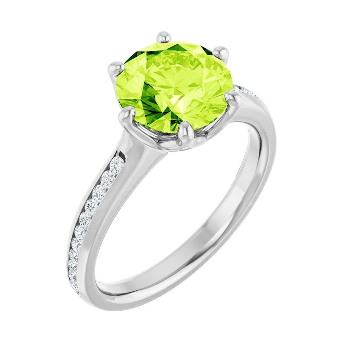 Round 2 ct Accented Shoulder Natural Peridot Engagement Ring in 14K White Gold