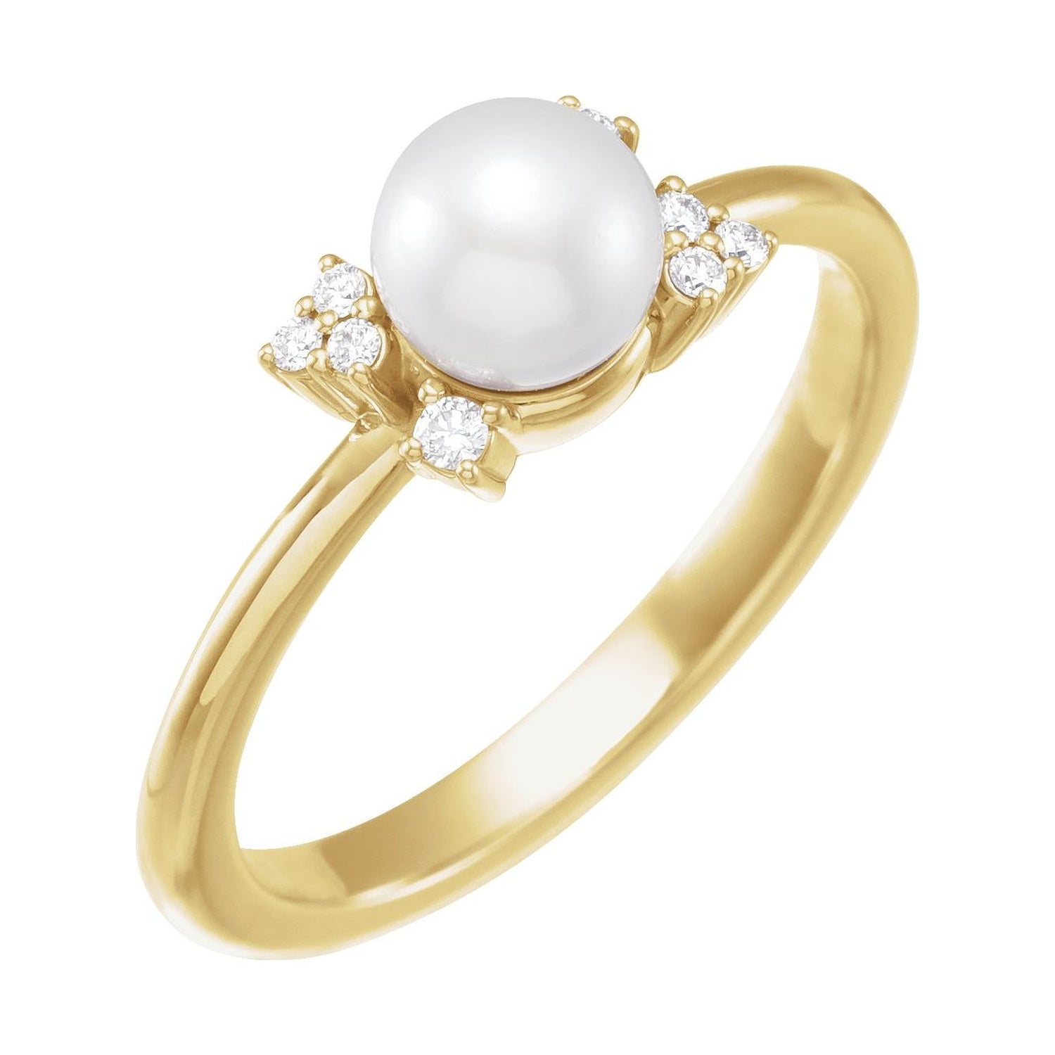 14K Yellow Gold Akoya Pearl Ring with Diamond Clusters with an akoya cultured pearl, natural diamond accents