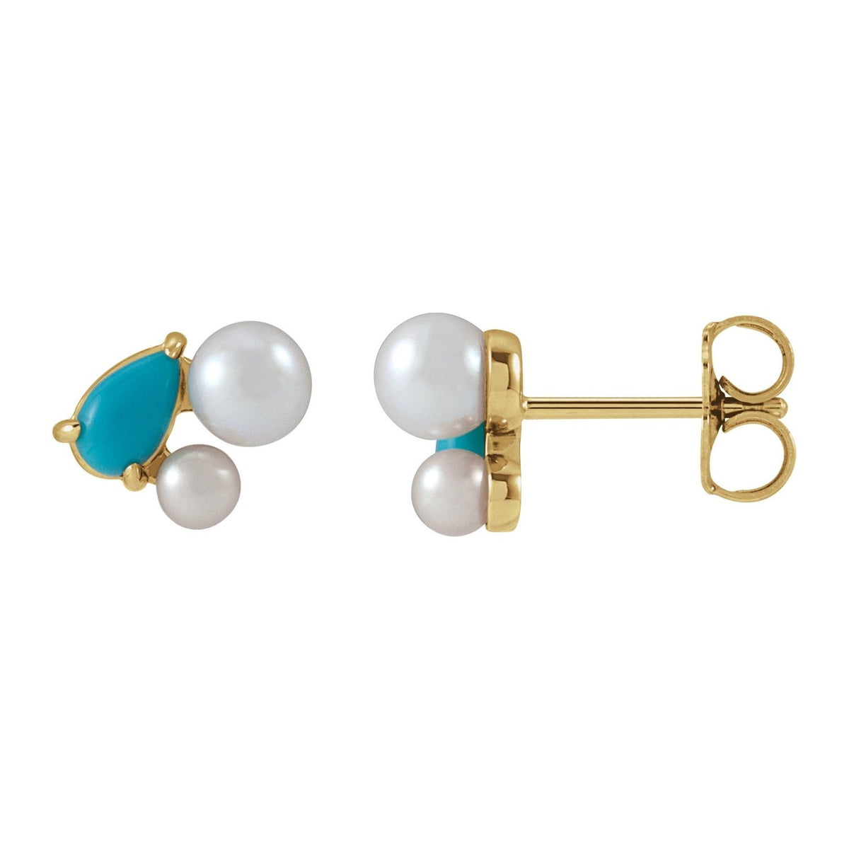Akoya Pearl and Turquoise Stud Earrings in 14K Yellow Gold