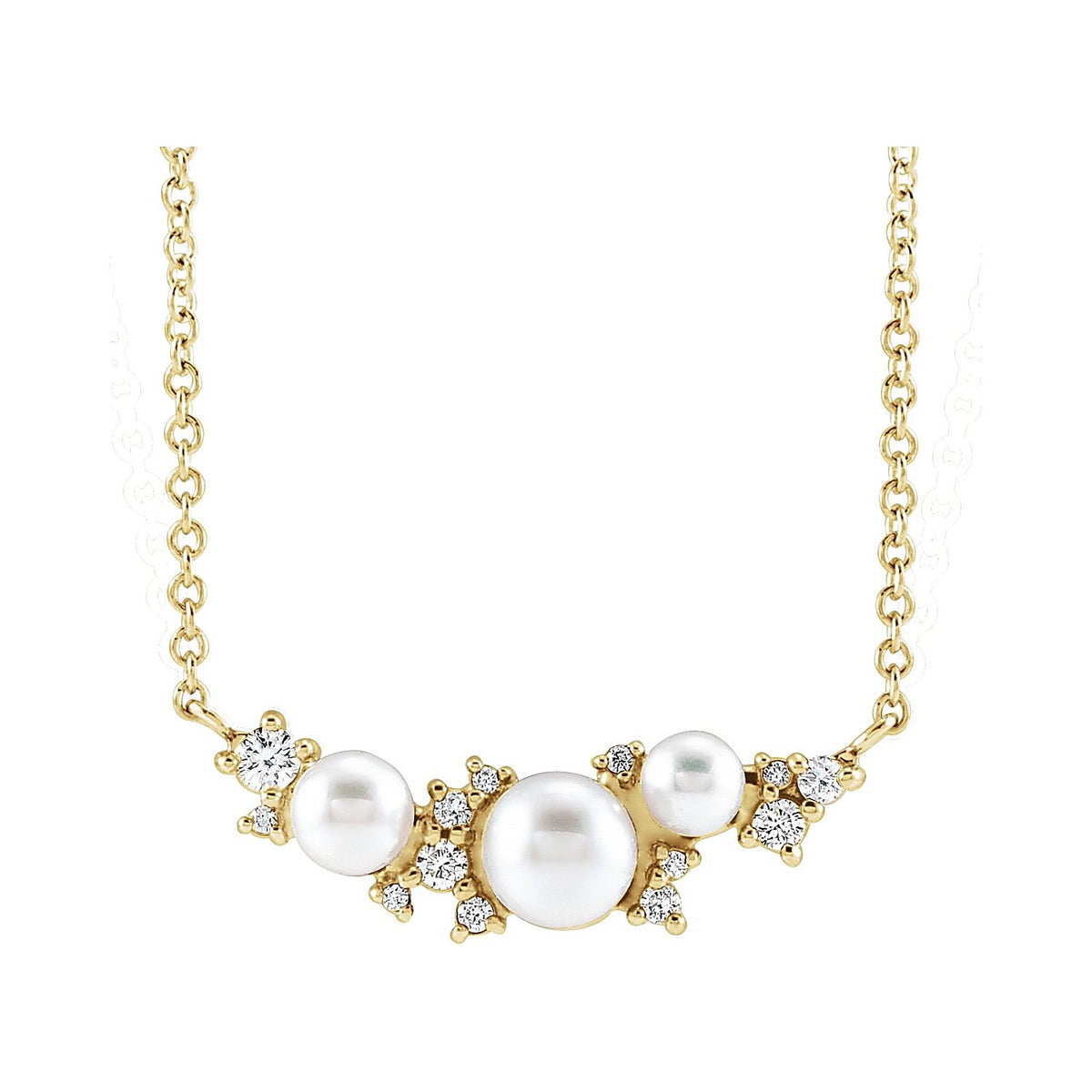 Akoya Pearl & Natural Diamond Cluster Bar Necklace in 14K Yellow Gold, front