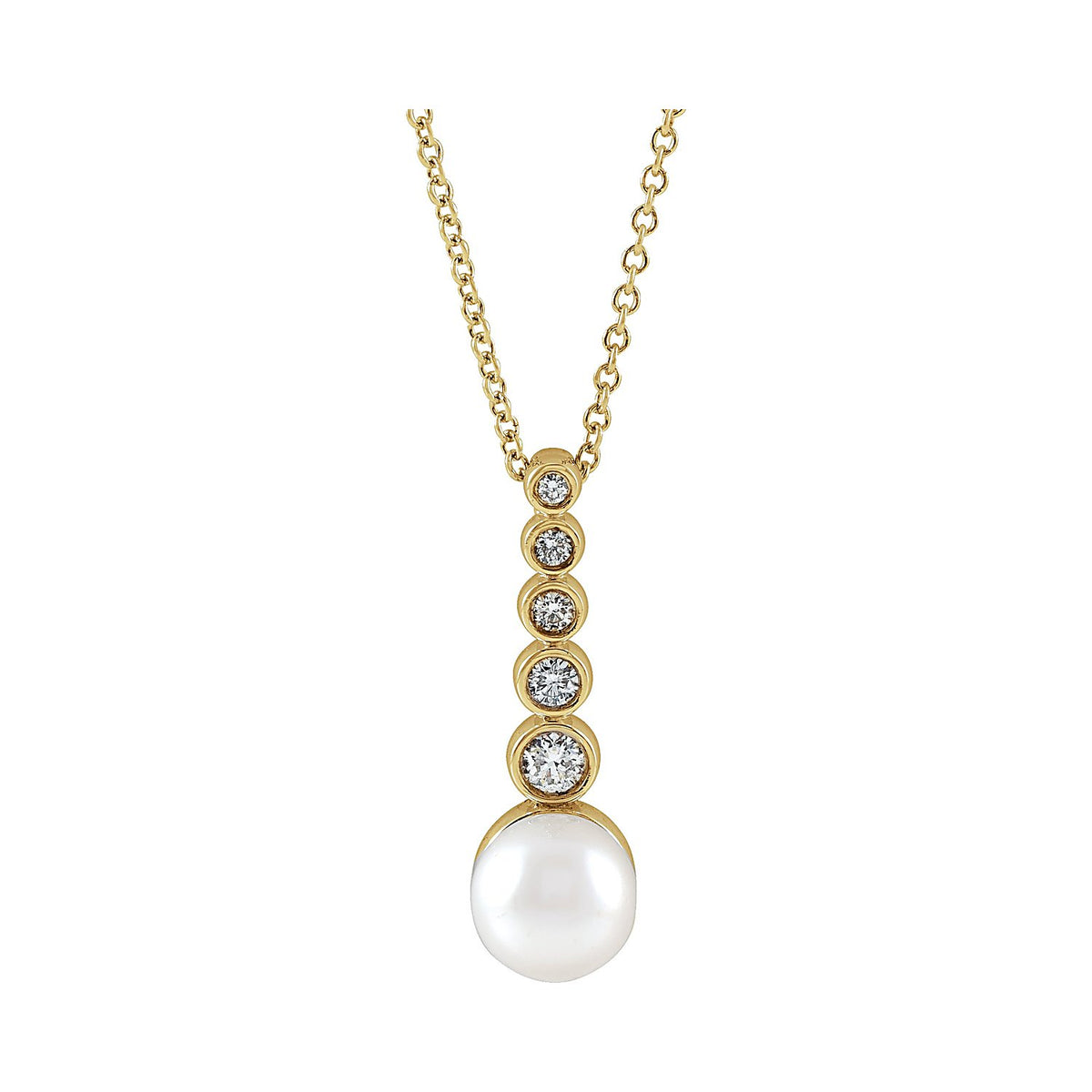 Akoya Pearl & Natural Diamond Drop Necklace in 14K Yellow Gold, front