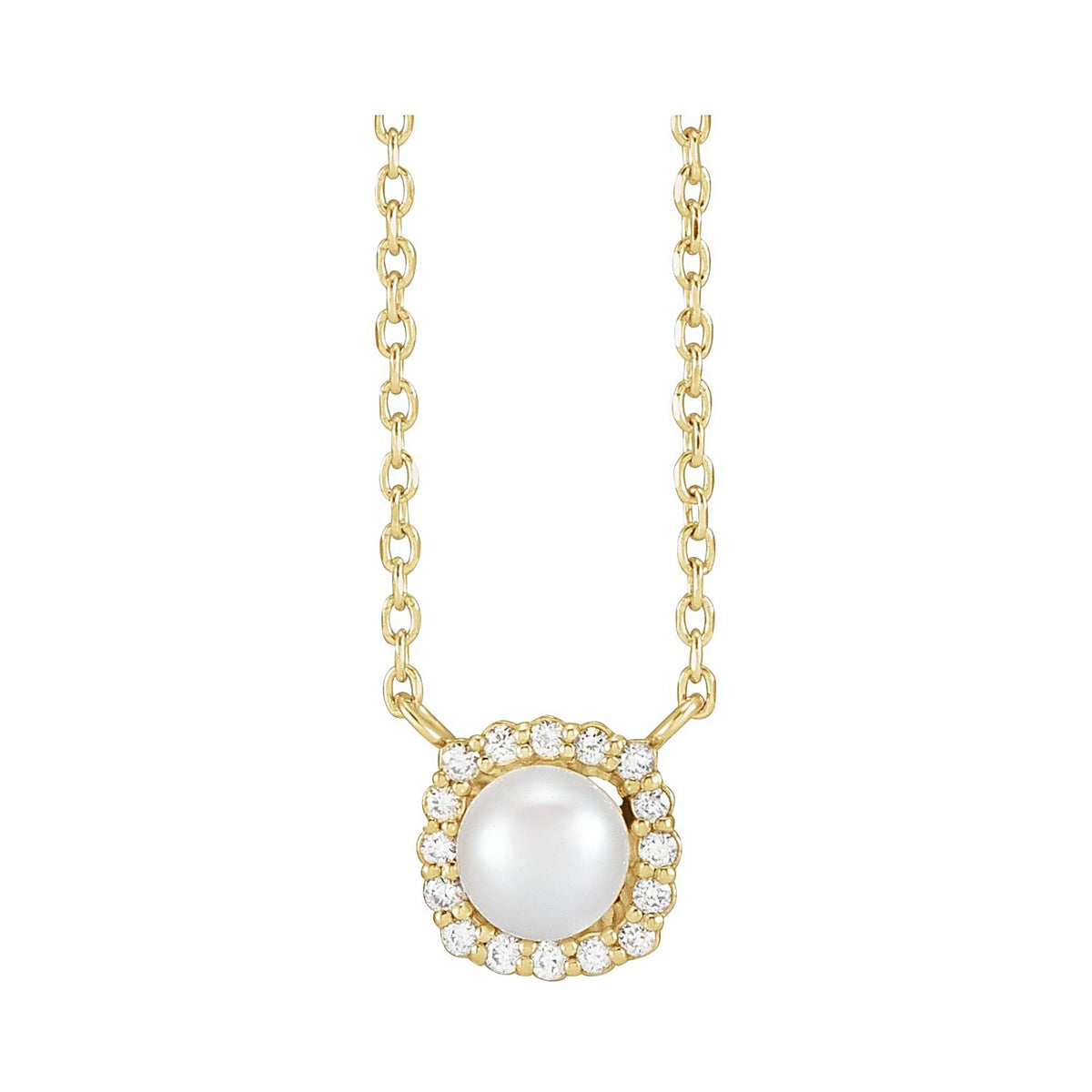 Akoya Pearl & Natural Diamond Halo Necklace in 14K Yellow Gold, front