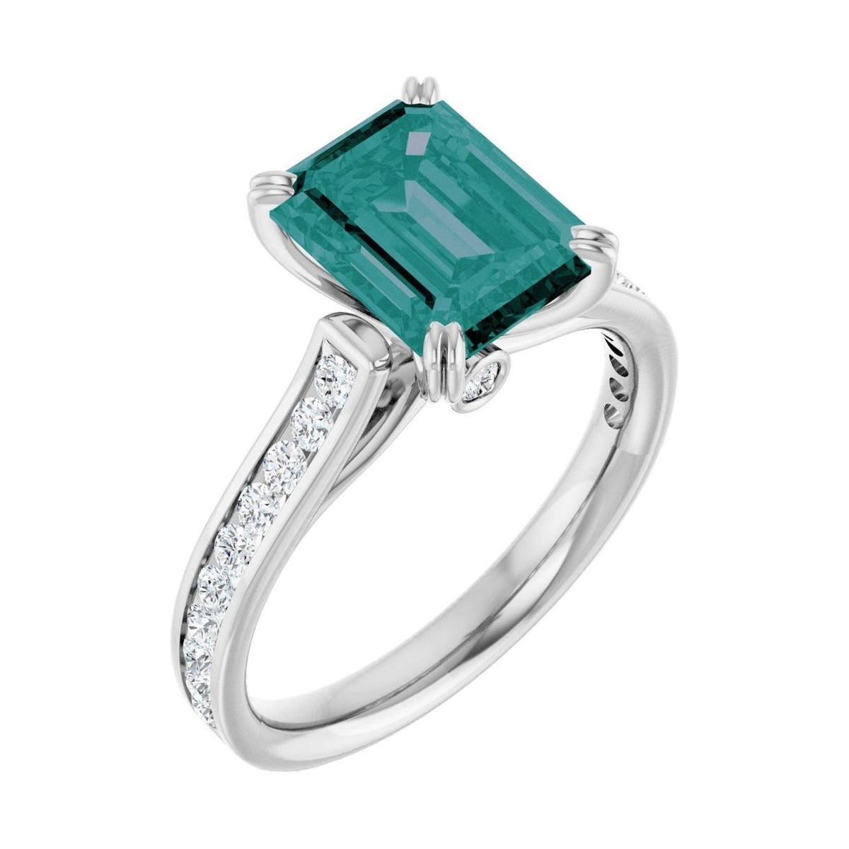 Emerald 1.5 ct alexandrite 14K White Gold cathedral pavé engagement ring