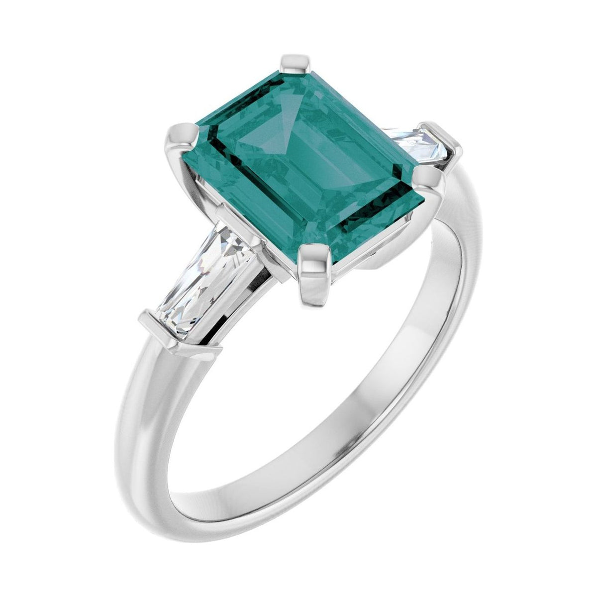 Emerald 1.5 ct alexandrite 14K White Gold tapered baguette three-stone engagement ring