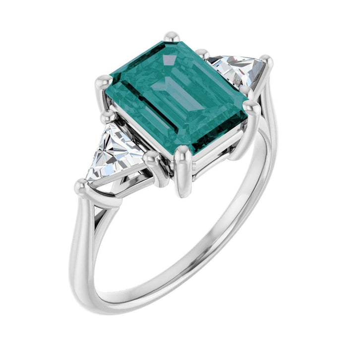 Emerald 1.5 ct alexandrite 14K White Gold trillion three-stone engagement ring