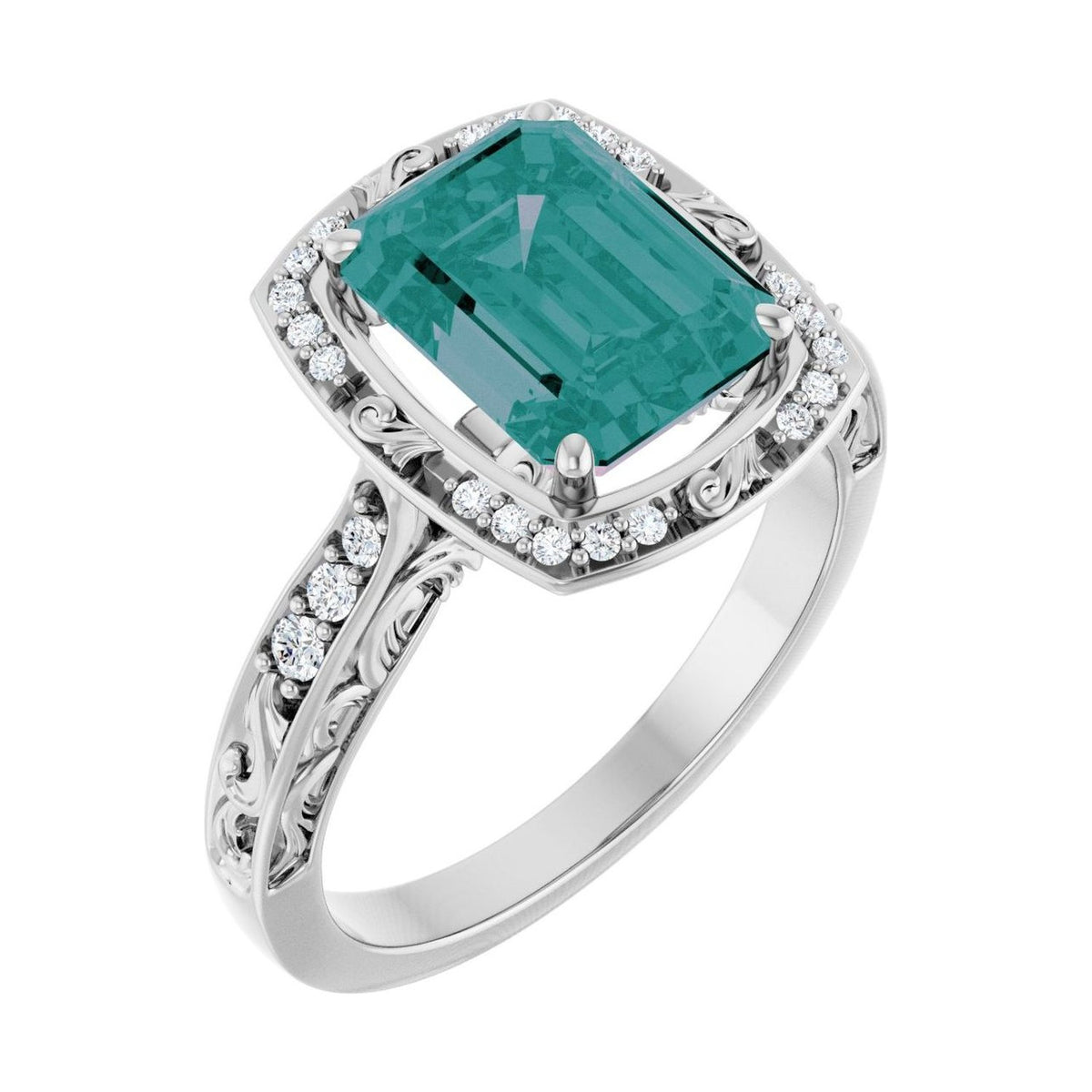 Emerald 1.5 ct alexandrite 14K White Gold vintage scroll halo engagement ring