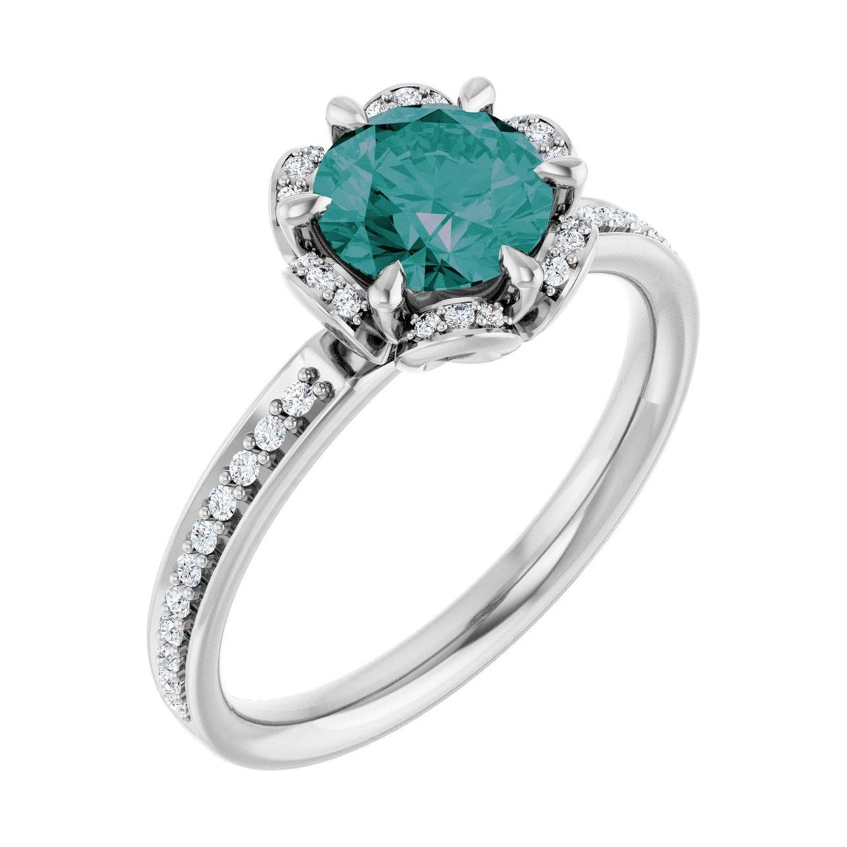 Round 1 ct alexandrite 14K White Gold petite pavé halo engagement ring