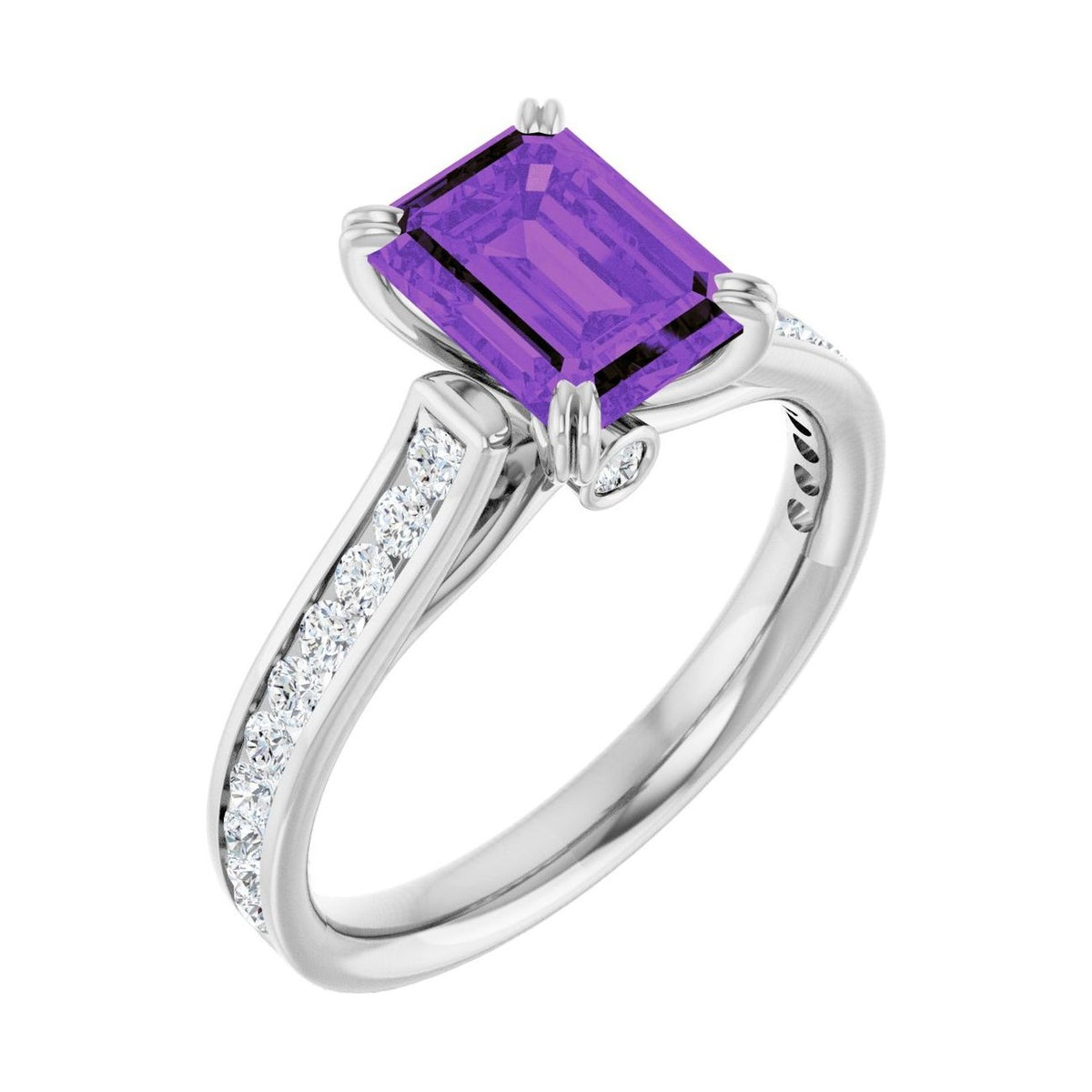 Emerald 1 ct amethyst 14K White Gold cathedral pavé engagement ring