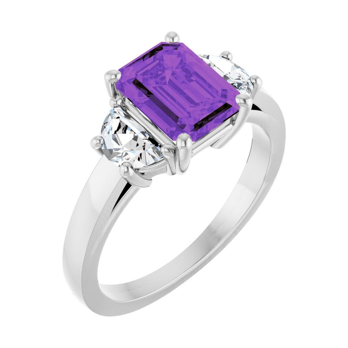 Emerald 1 ct amethyst 14K White Gold classic three-stone engagement ring