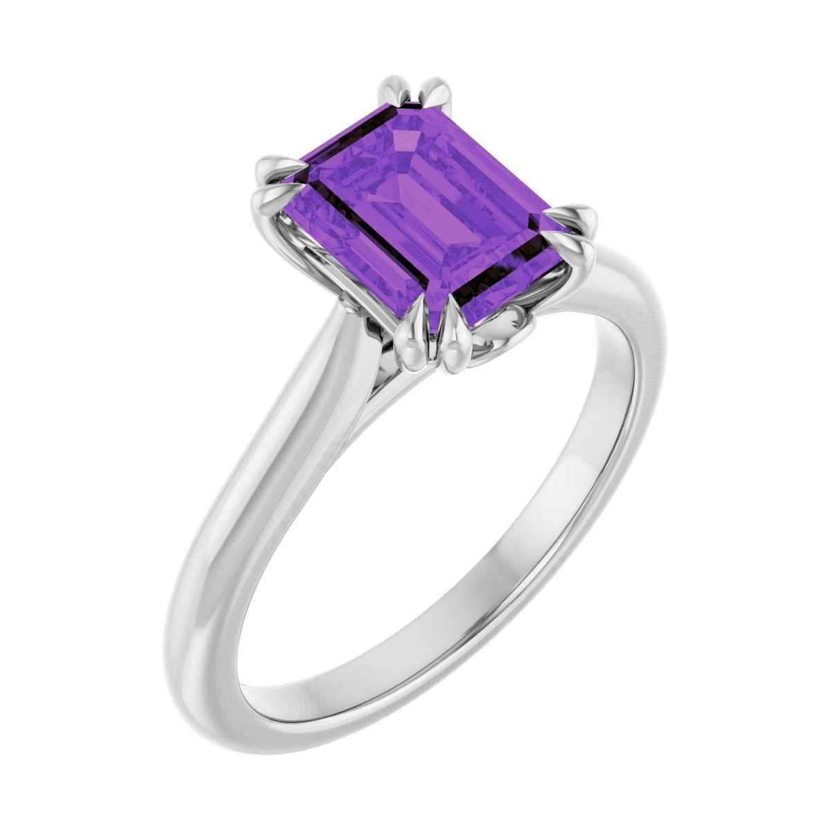 Emerald 1 ct amethyst 14K White Gold double claw-prong solitaire engagement ring
