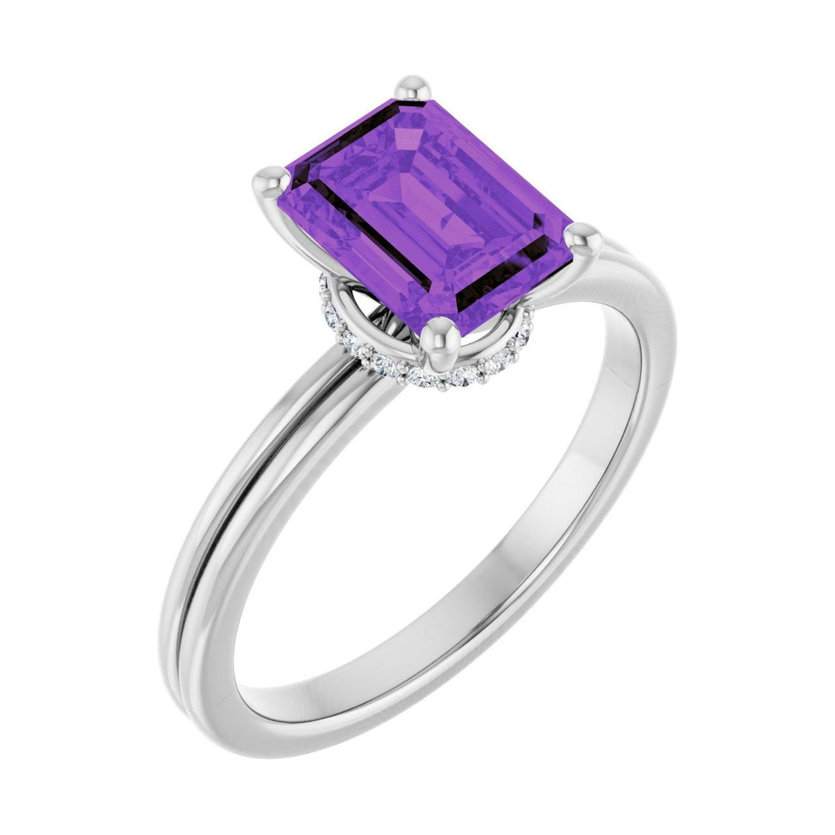 Emerald 1 ct amethyst 14K White Gold hidden-accent solitaire engagement ring