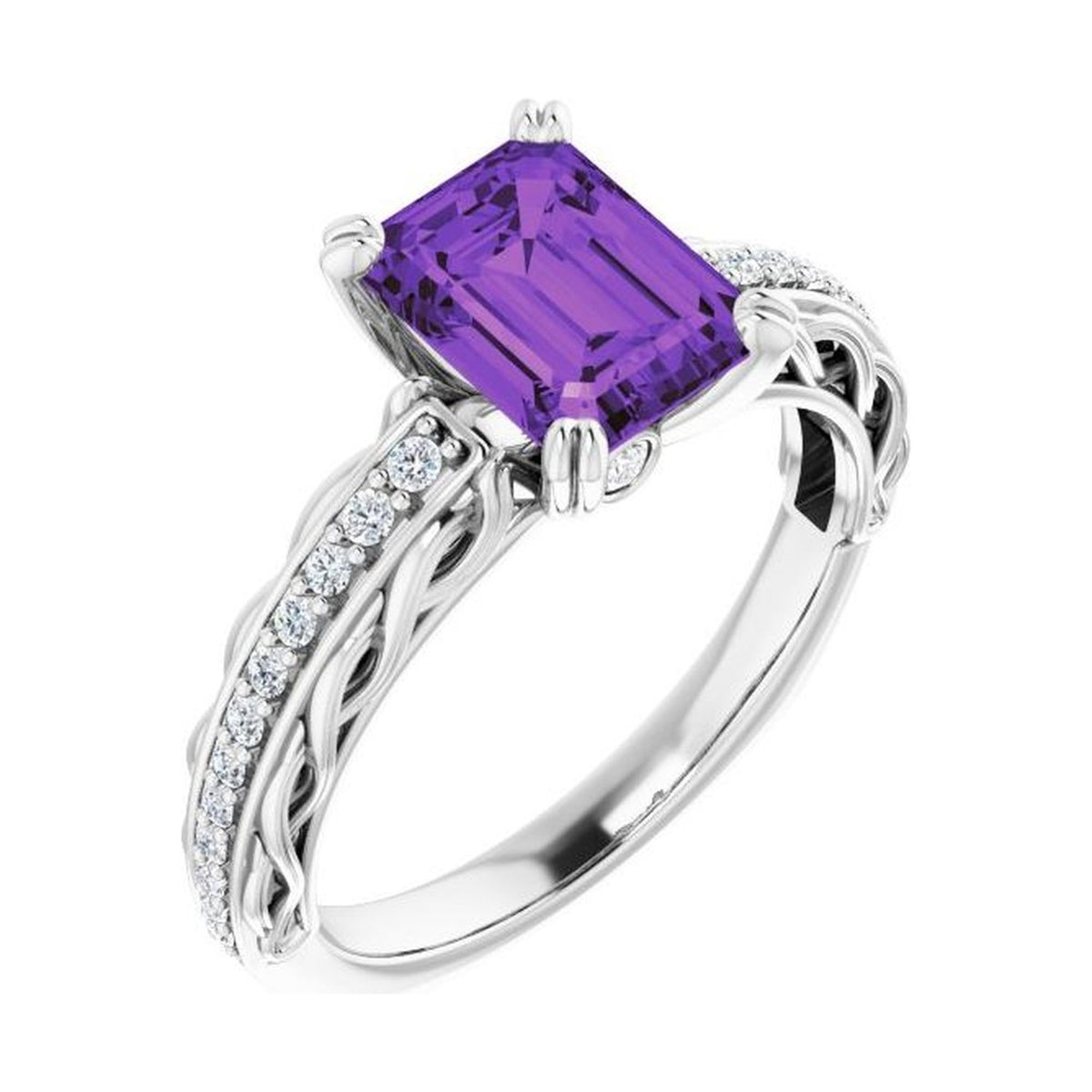 Emerald 1 ct amethyst 14K White Gold twisted vine solitaire engagement ring