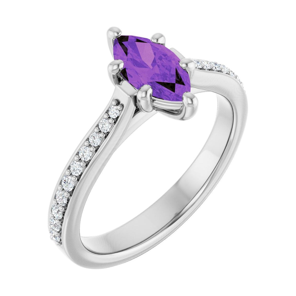 Marquise 1 ct amethyst 14K White Gold french pavé solitaire engagement ring