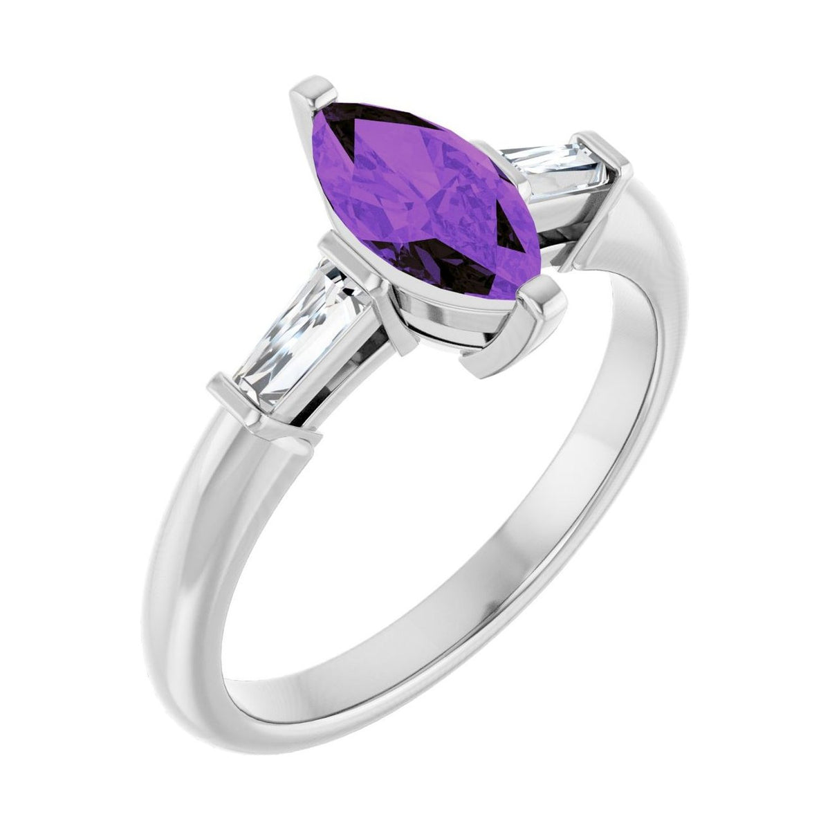 Marquise 1 ct amethyst 14K White Gold tapered baguette three-stone engagement ring