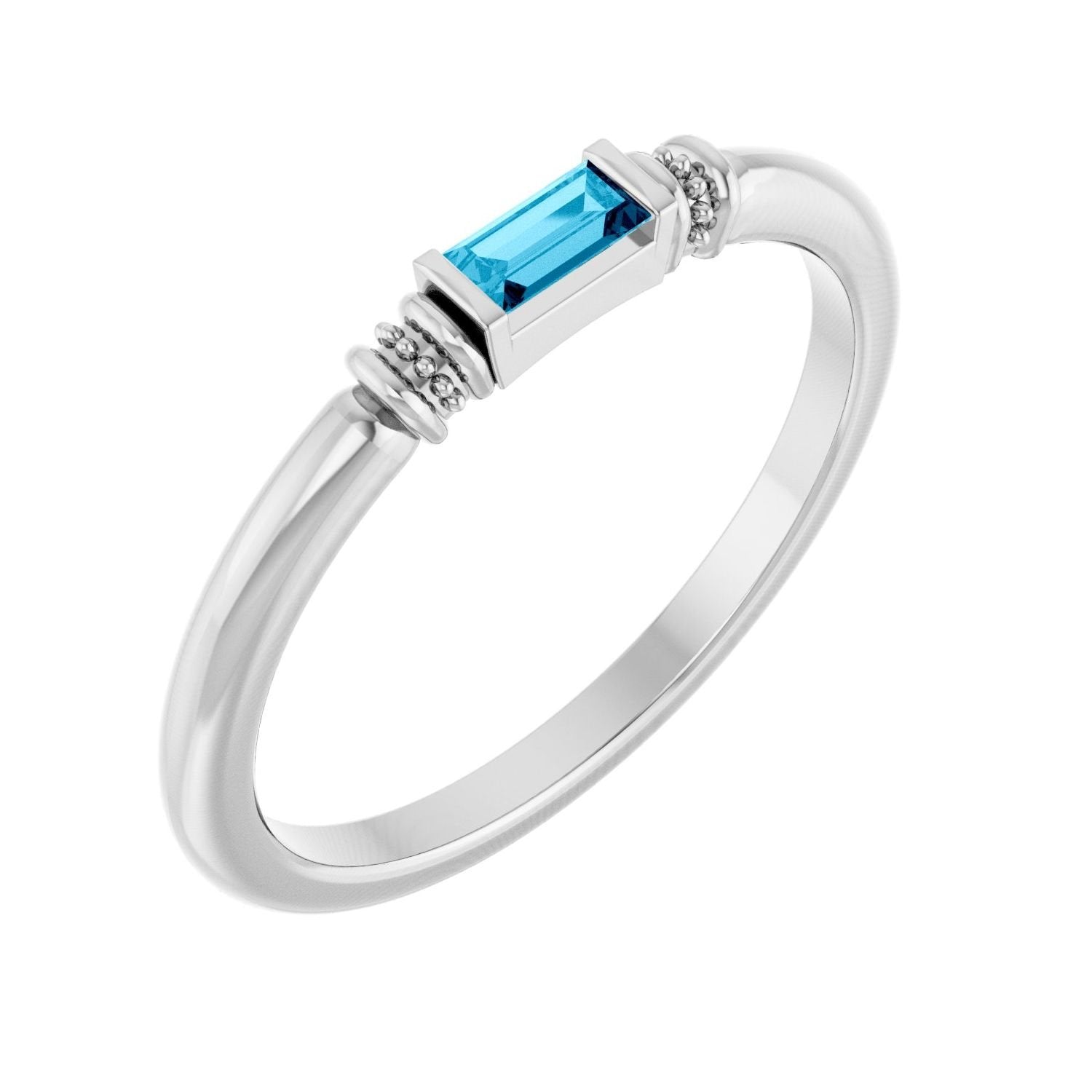 aqua sapphire baguette stackable ring in 14k White Gold