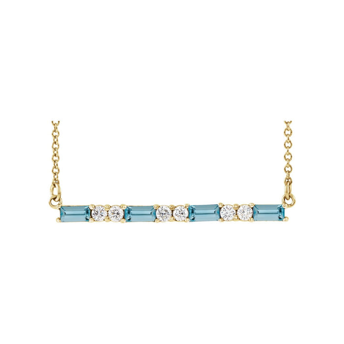 Aquamarine Necklace, Diamond Bar in 14K Yellow Gold