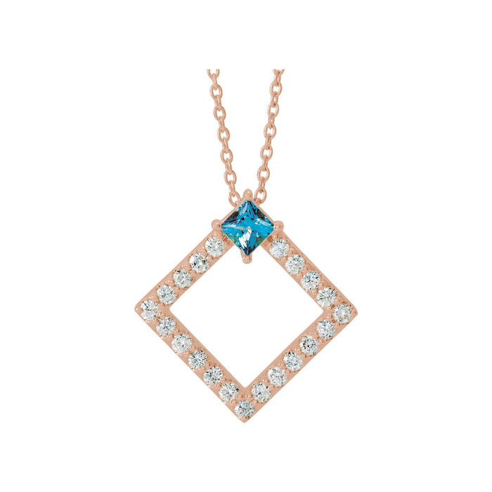 Aquamarine Necklace, Diamond Open Square in 14K Rose Gold