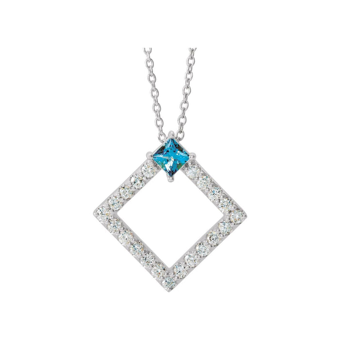 Aquamarine Pendant, Diamond Open Square in 14K White Gold