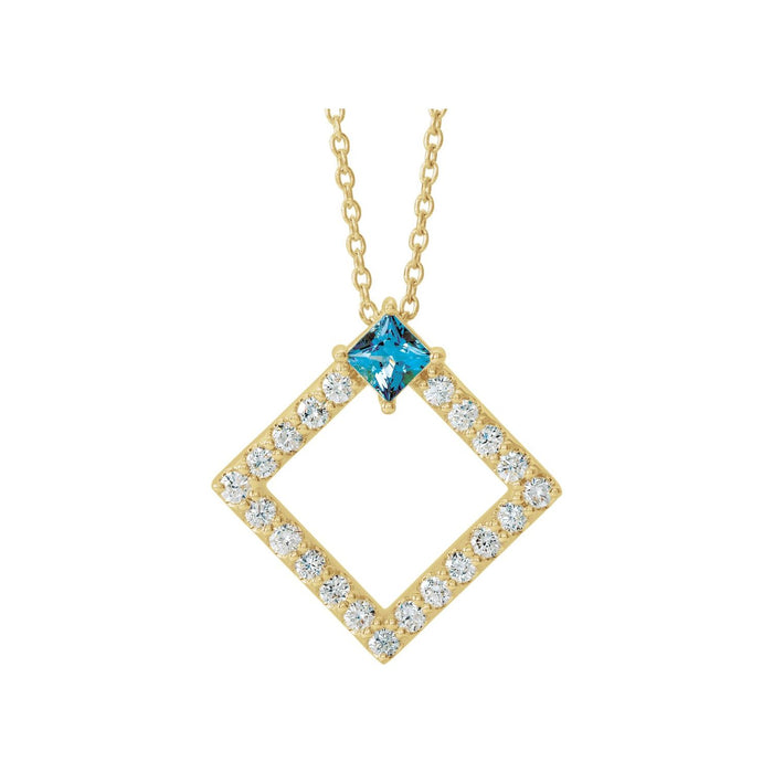 Aquamarine Necklace, Diamond Open Square in 14K Yellow Gold