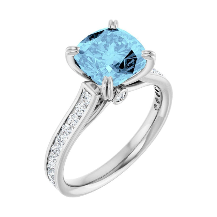Cushion 1 ct aquamarine 14K White Gold cathedral pavé engagement ring