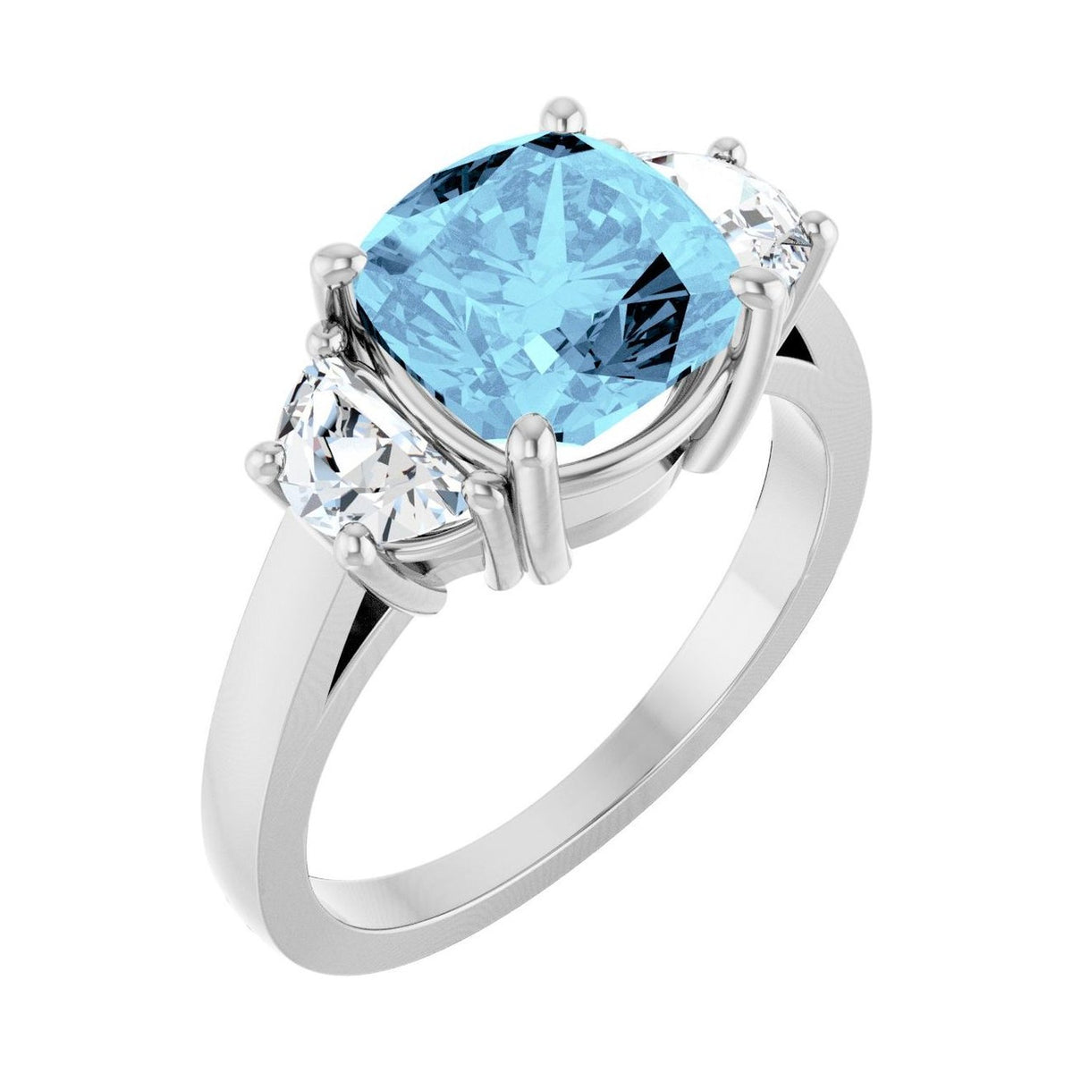 Cushion 1 ct aquamarine 14K White Gold classic three-stone engagement ring