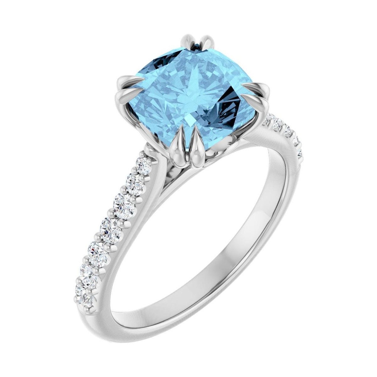 Cushion 1 ct aquamarine 14K White Gold double claw-prong solitaire engagement ring