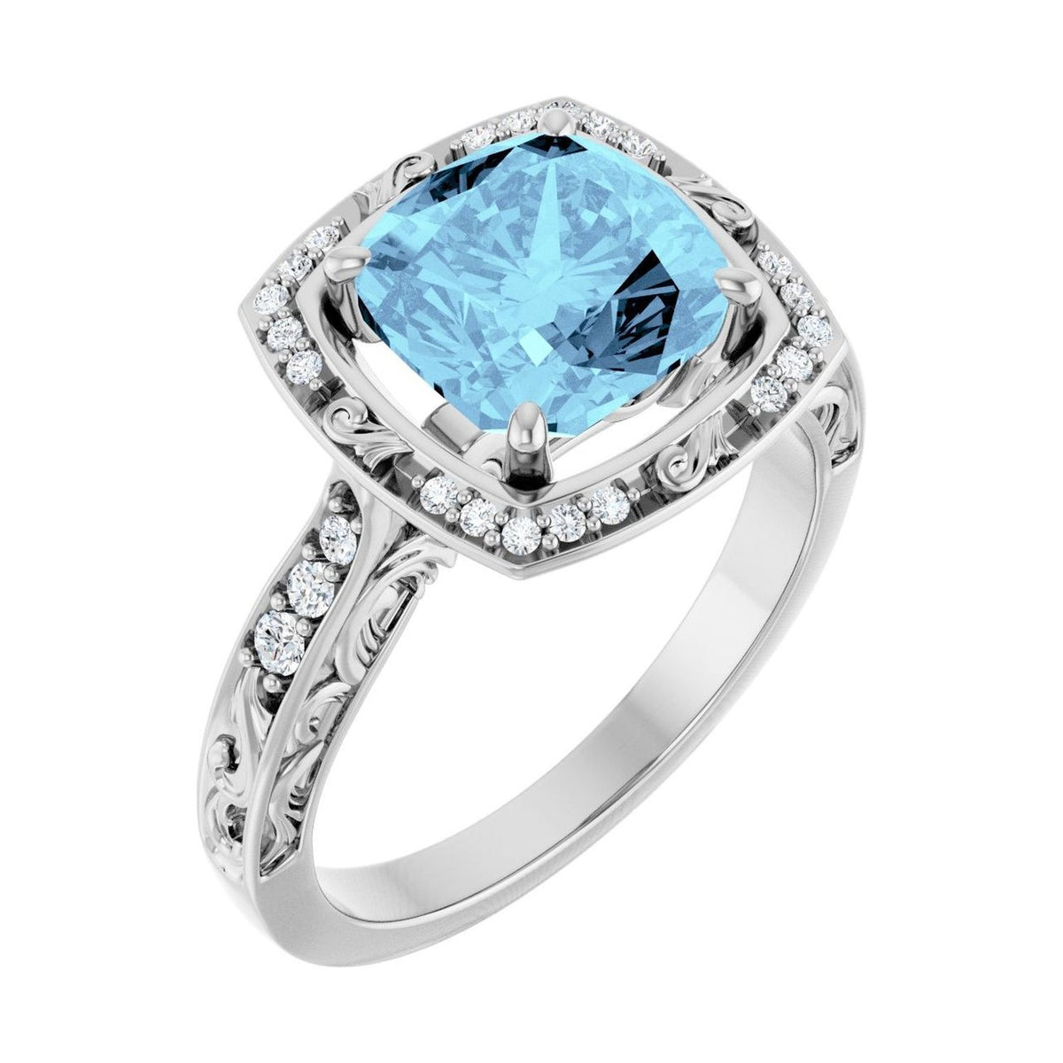 Cushion 1 ct aquamarine 14K White Gold vintage scroll halo engagement ring