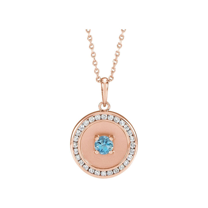 Aquamarine Necklace, Diamond Disc in 14K Rose Gold