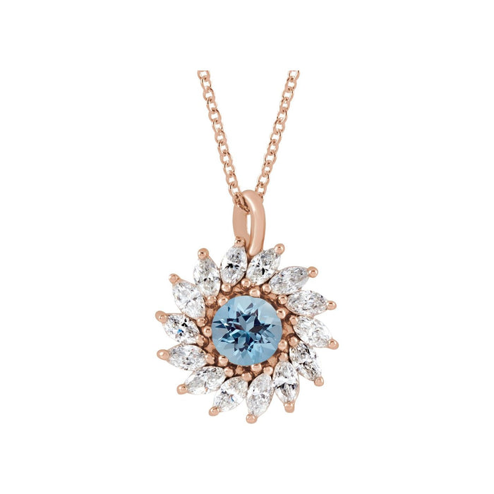 Aquamarine Necklace, Diamond Starburst Halo in 14K Rose Gold