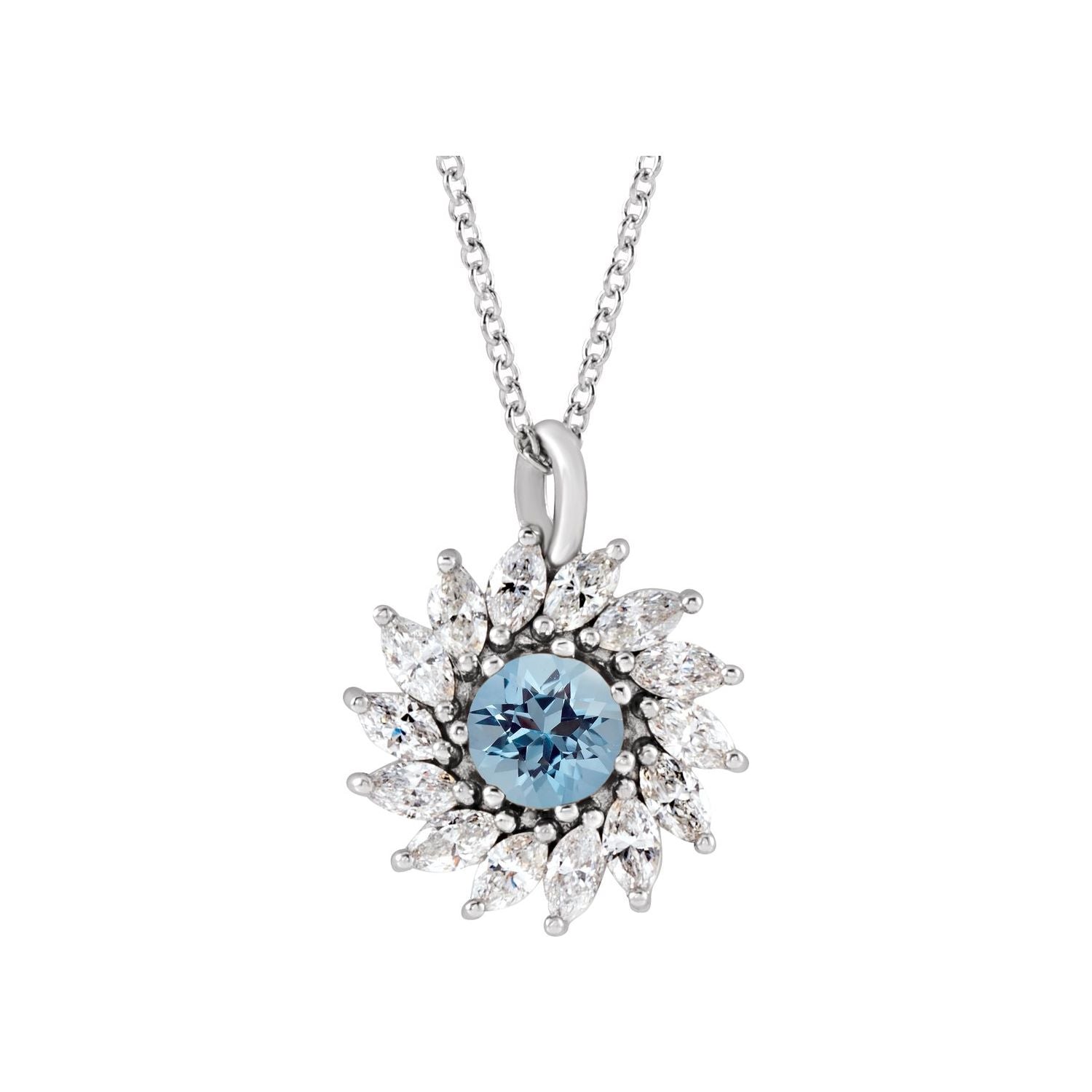 Aquamarine and Diamond Starburst Halo Necklace in 14K White Gold on a 16 to 18 inch adjustable gold cable chain