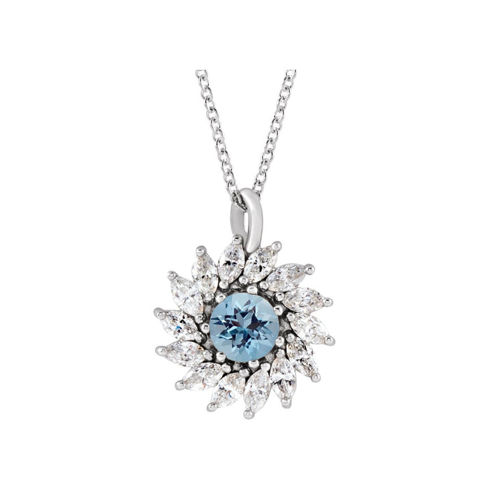 Aquamarine and Diamond Starburst Halo Necklace in 14K White Gold on a 16 to 18 inch adjustable gold cable chain