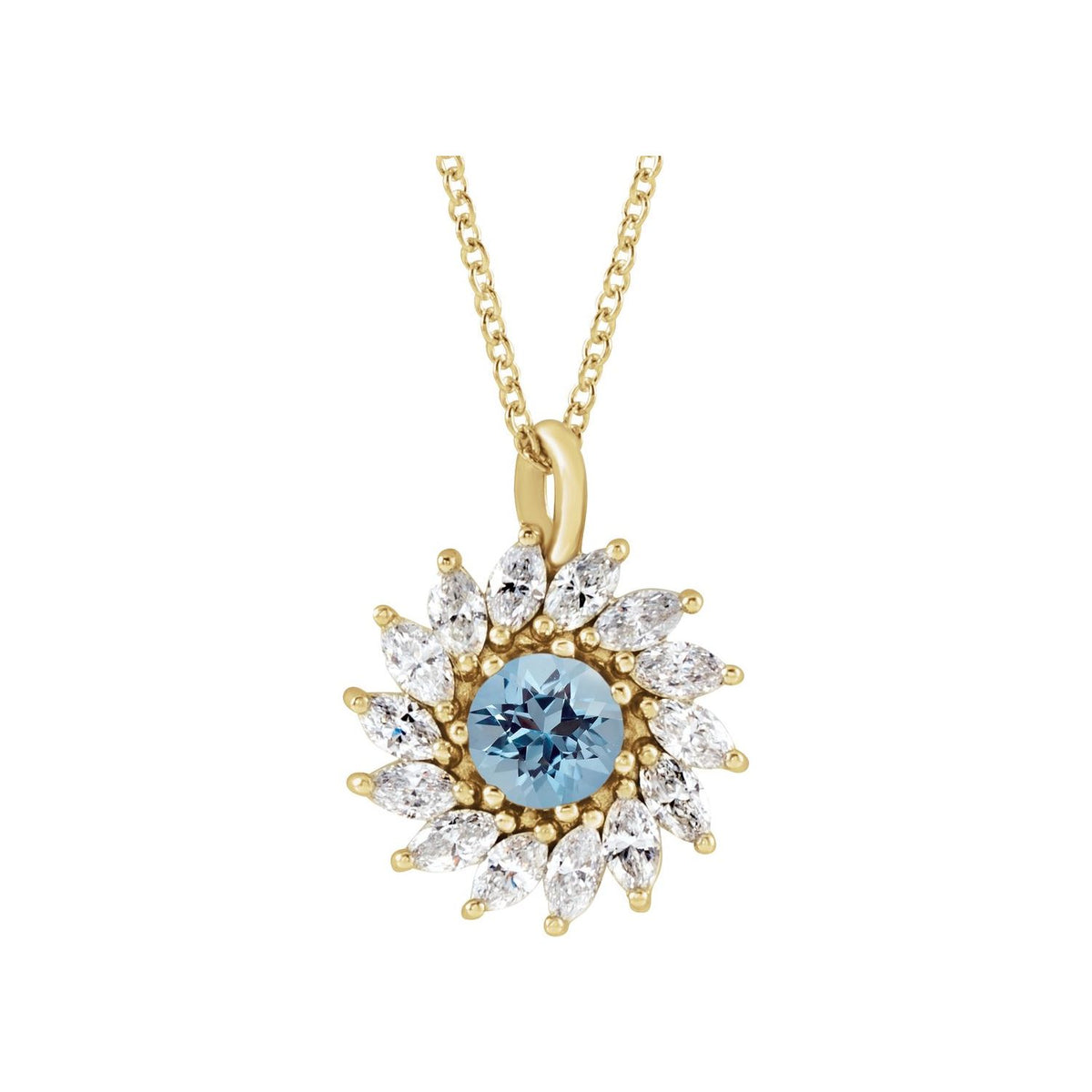 Aquamarine Necklace, Diamond Starburst Halo in 14K Yellow Gold