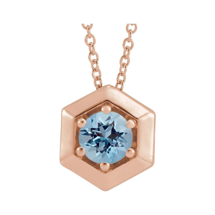Aquamarine Necklace, Hexagon in 14K Rose Gold