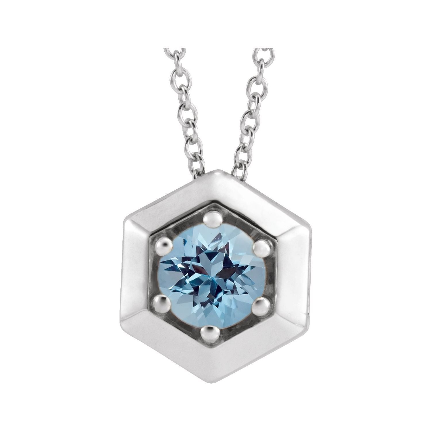 Aquamarine Hexagon Necklace in 14K White Gold on a 16 to 18 inch adjustable gold cable chain
