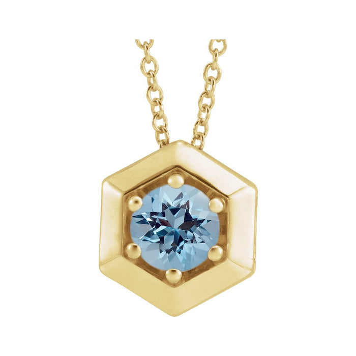 Aquamarine Necklace, Hexagon in 14K Yellow Gold