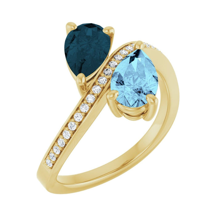 Aquamarine & London Blue Topaz toi et moi two-stone ring in 14K Yellow Gold