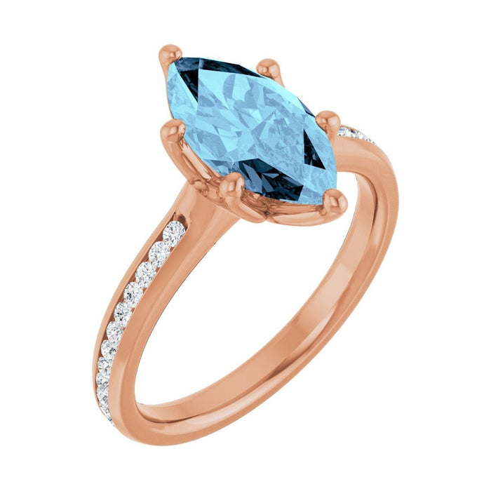 Marquise 1 ct aquamarine 14K Rose Gold accented shoulder engagement ring