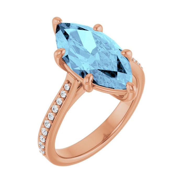 Marquise 1 ct aquamarine 14K Rose Gold french pavé solitaire engagement ring