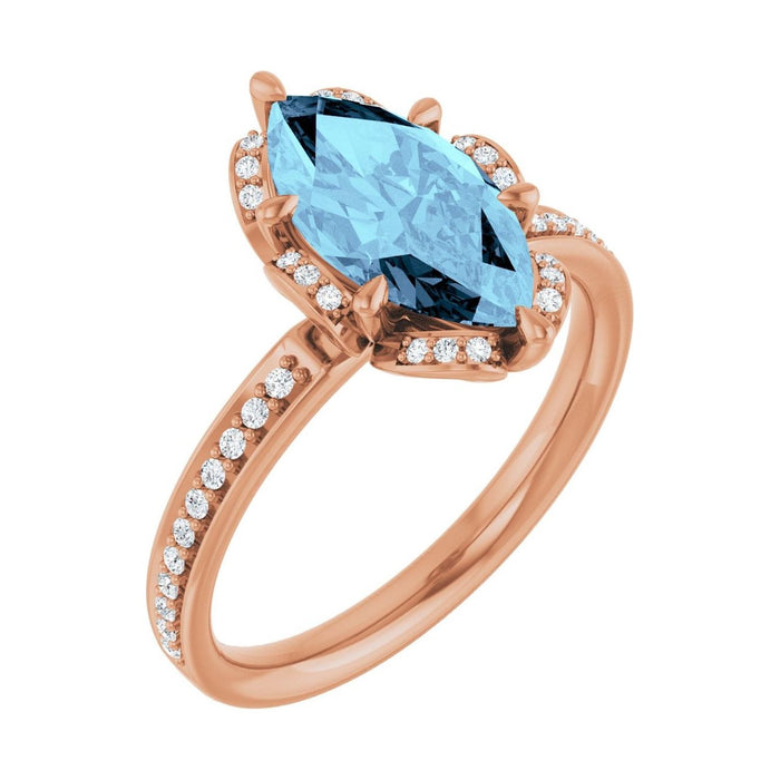 Marquise 1 ct aquamarine 14K Rose Gold petite pavé halo engagement ring