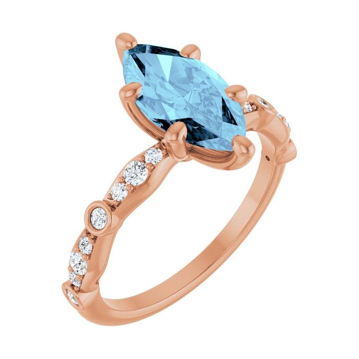 Marquise 1 ct aquamarine 14K Rose Gold petite vintage milgrain engagement ring
