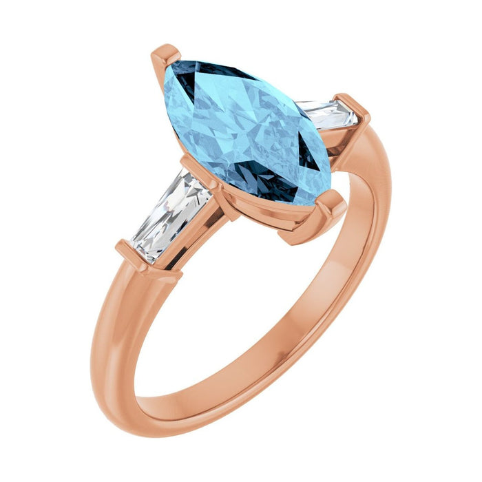 Marquise 1 ct aquamarine 14K Rose Gold tapered baguette three-stone engagement ring